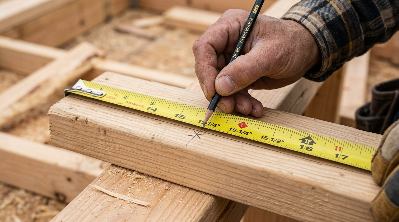 Carpenter measuring and marking 15-1/4 inch layout mark on wooden framing sole plate with tape measure and pencil