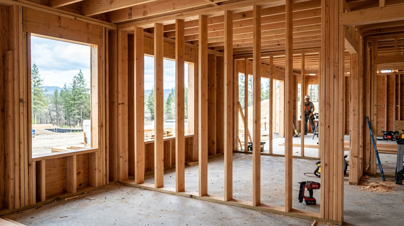 Douglas fir 2x4 wood wall framing under construction with sole plate and window rough opening