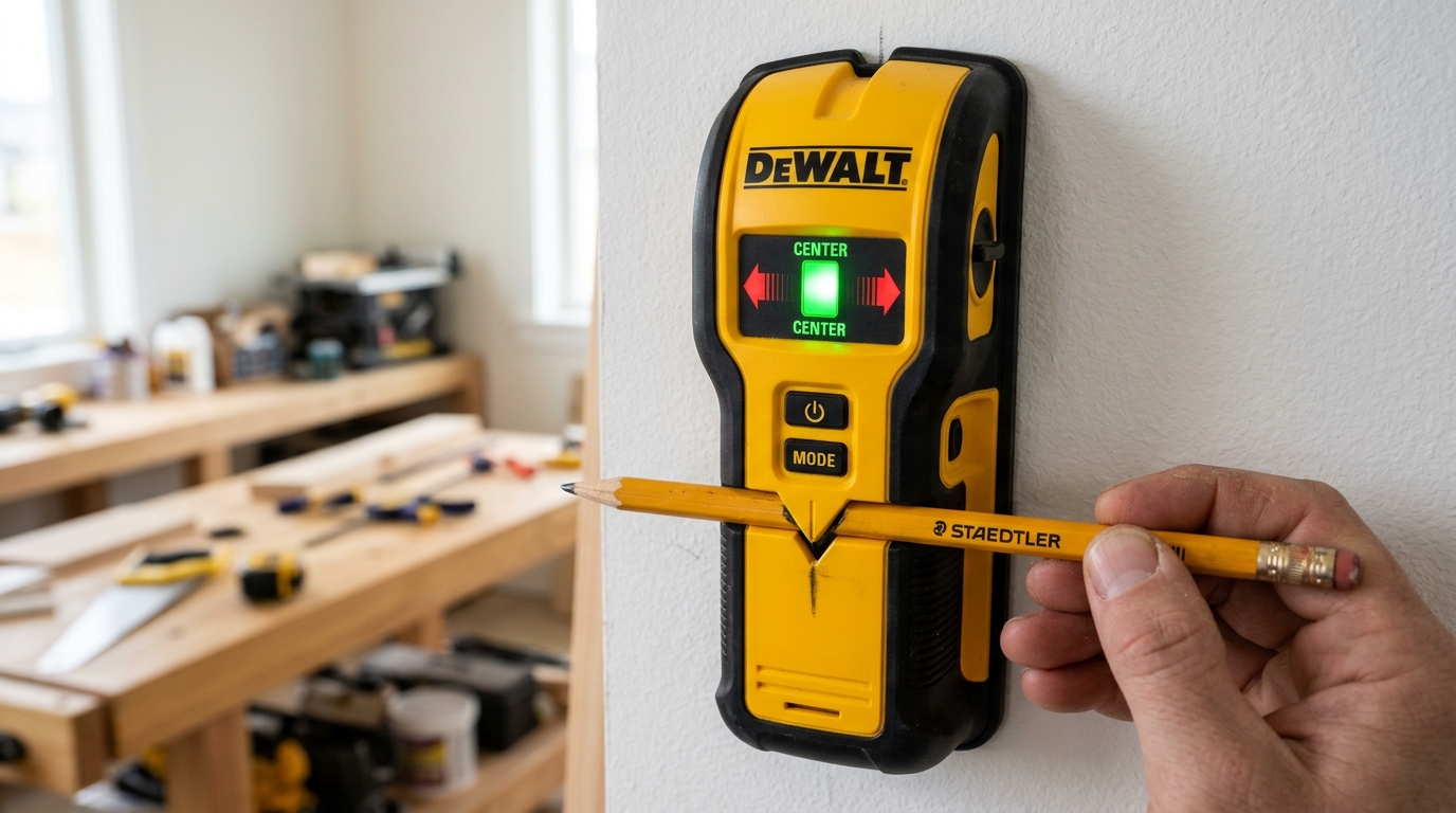 DeWalt yellow and black stud finder with center LED channel and pencil marking notch