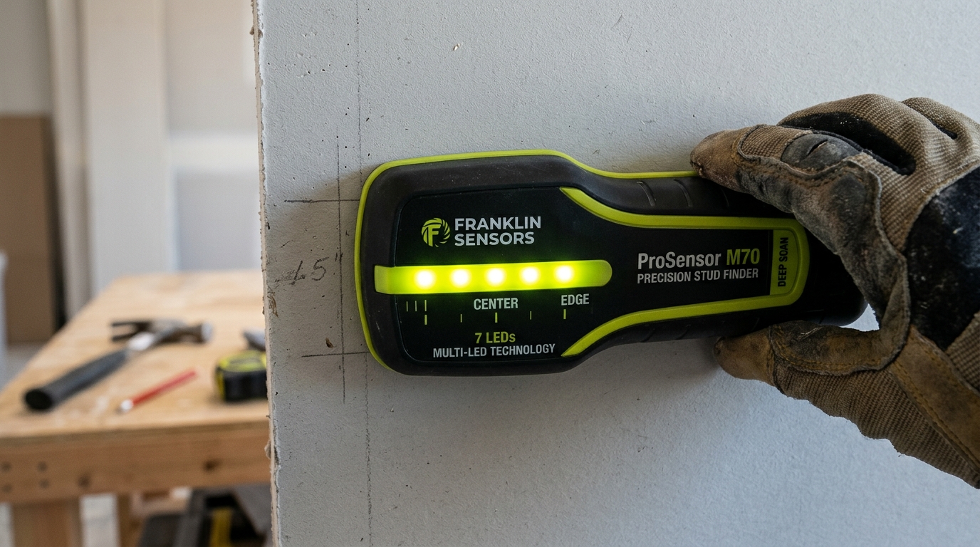 Franklin Sensors ProSensor multi-LED stud finder displaying full 1.5 inch stud width simultaneously