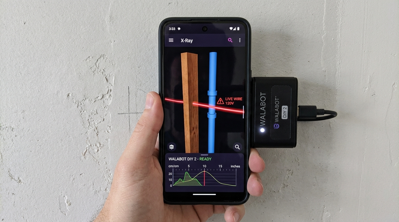 Walabot DIY 2 RF radar wall scanner attached to smartphone showing 3D stud, pipe and wire alert