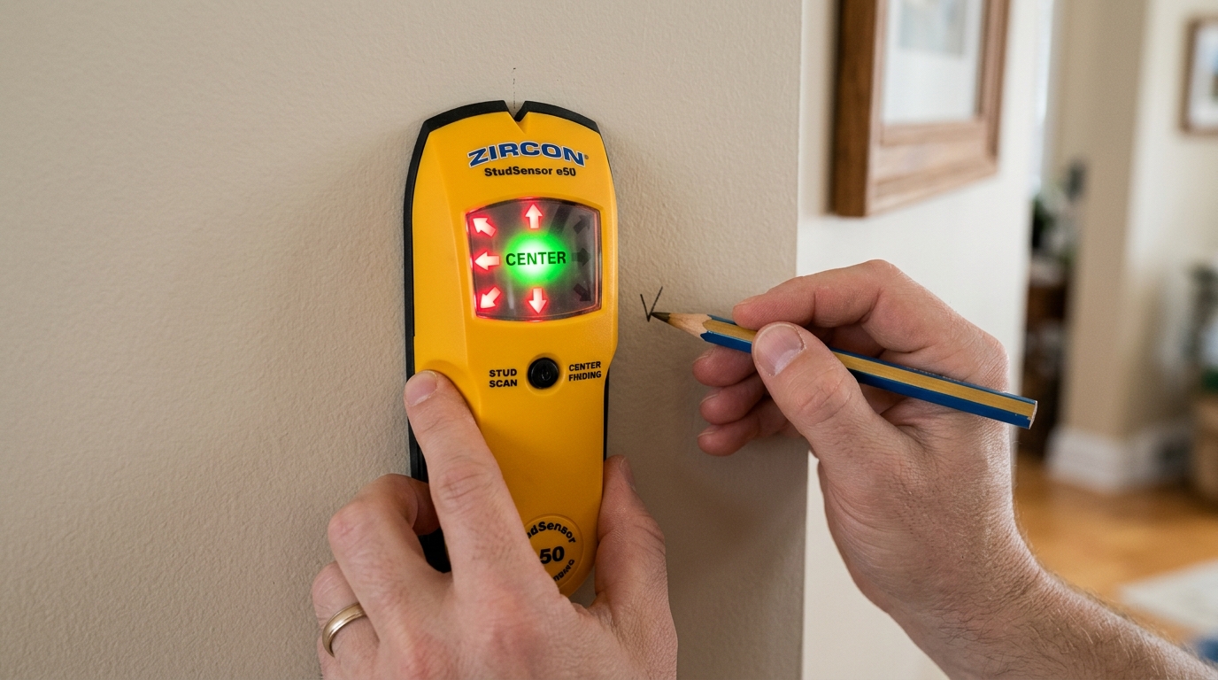 Zircon StudSensor e50 electronic stud finder detecting green center notch on drywall with pencil mark