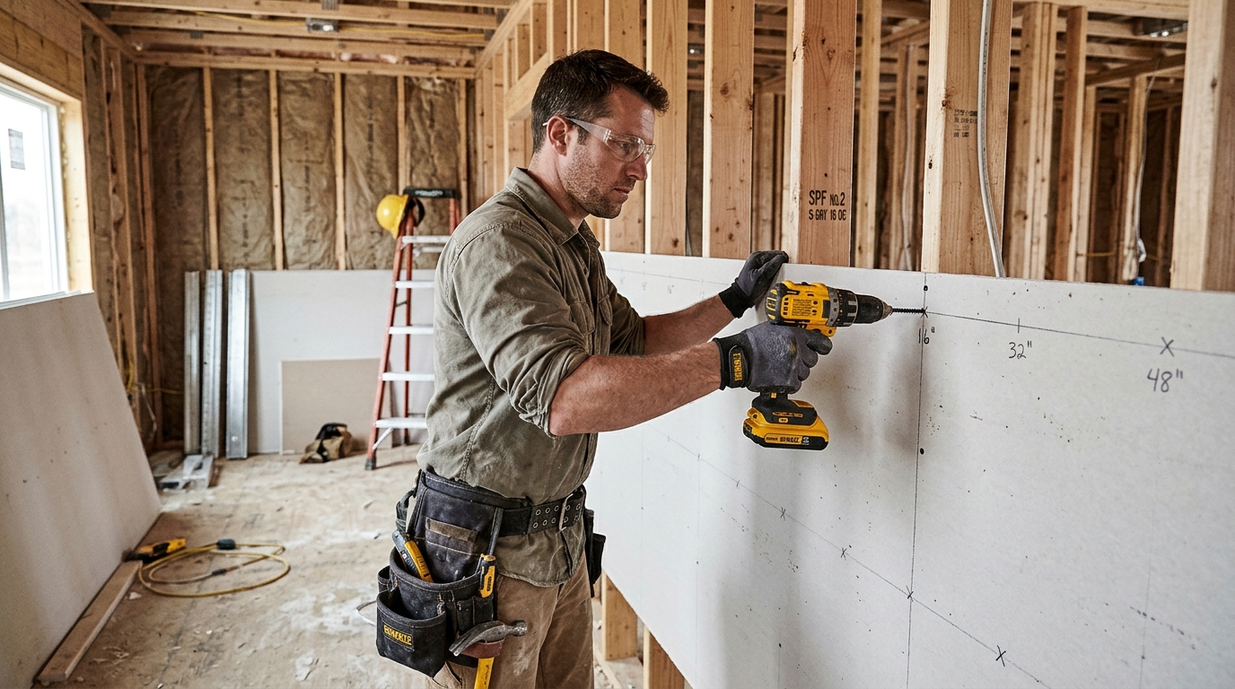 Drywall sheet with 16, 32, 48 inch layout marks being fastened to wood studs