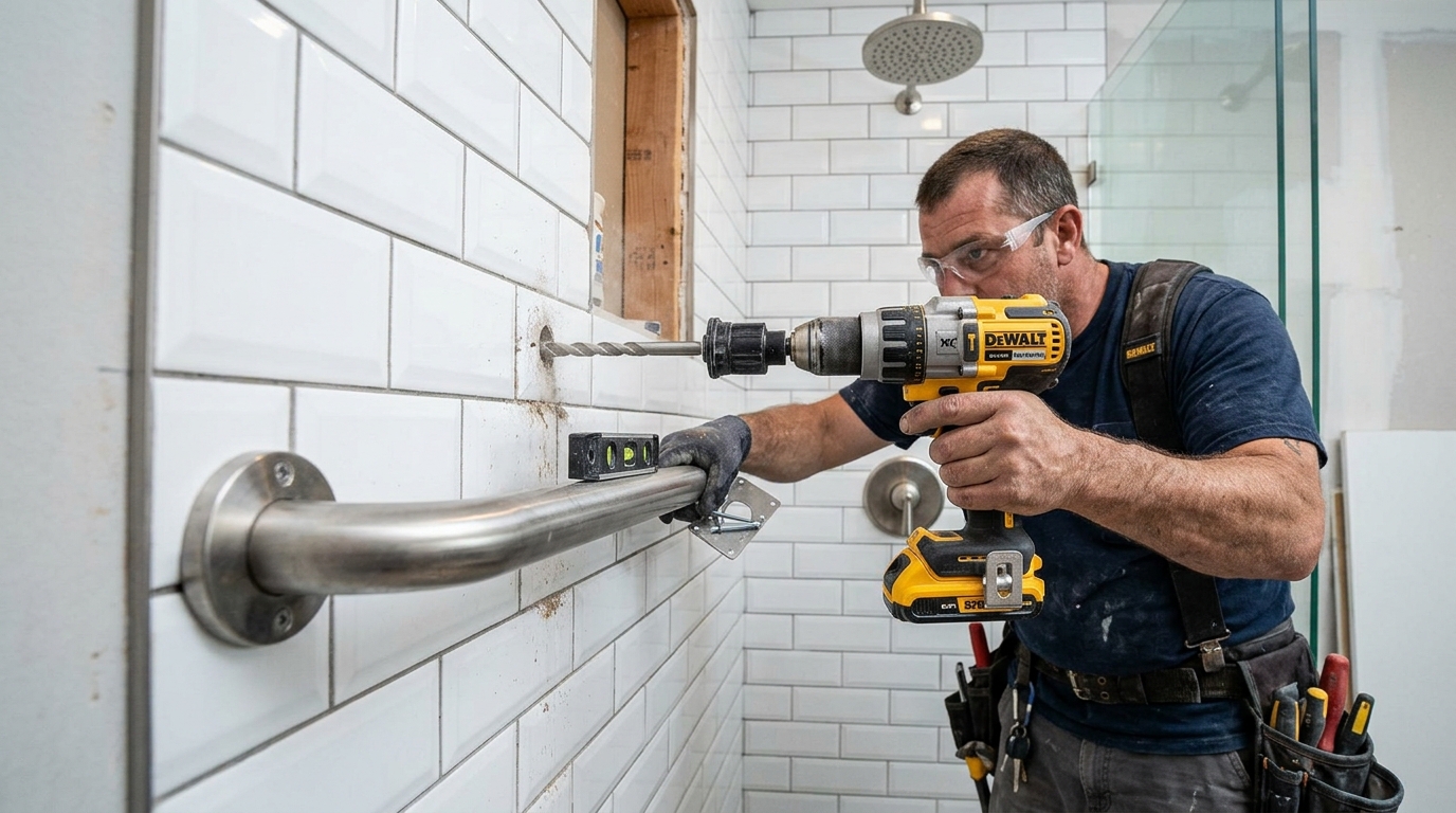 Contractor installing ADA stainless steel grab bar into wall studs through tile