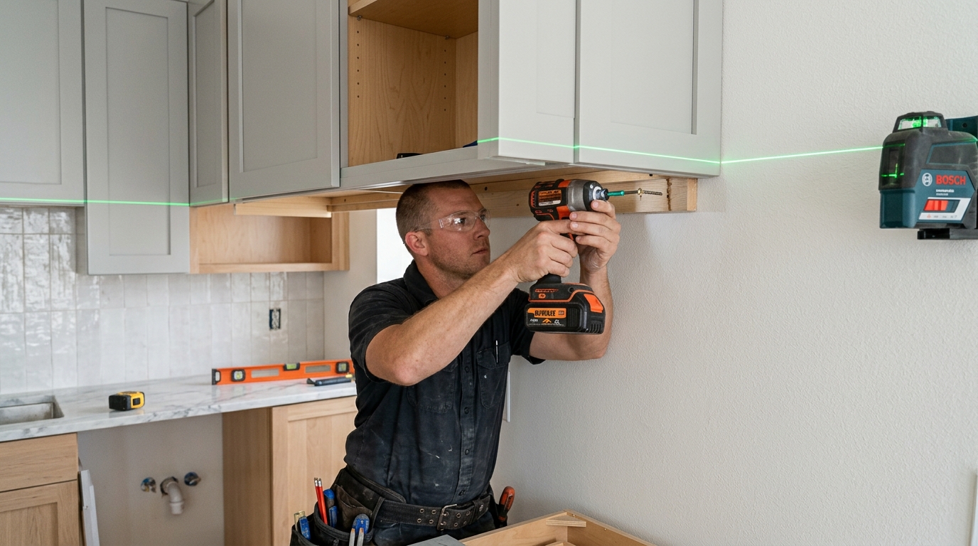 Finish carpenter installing shaker kitchen upper wall cabinets into wall studs