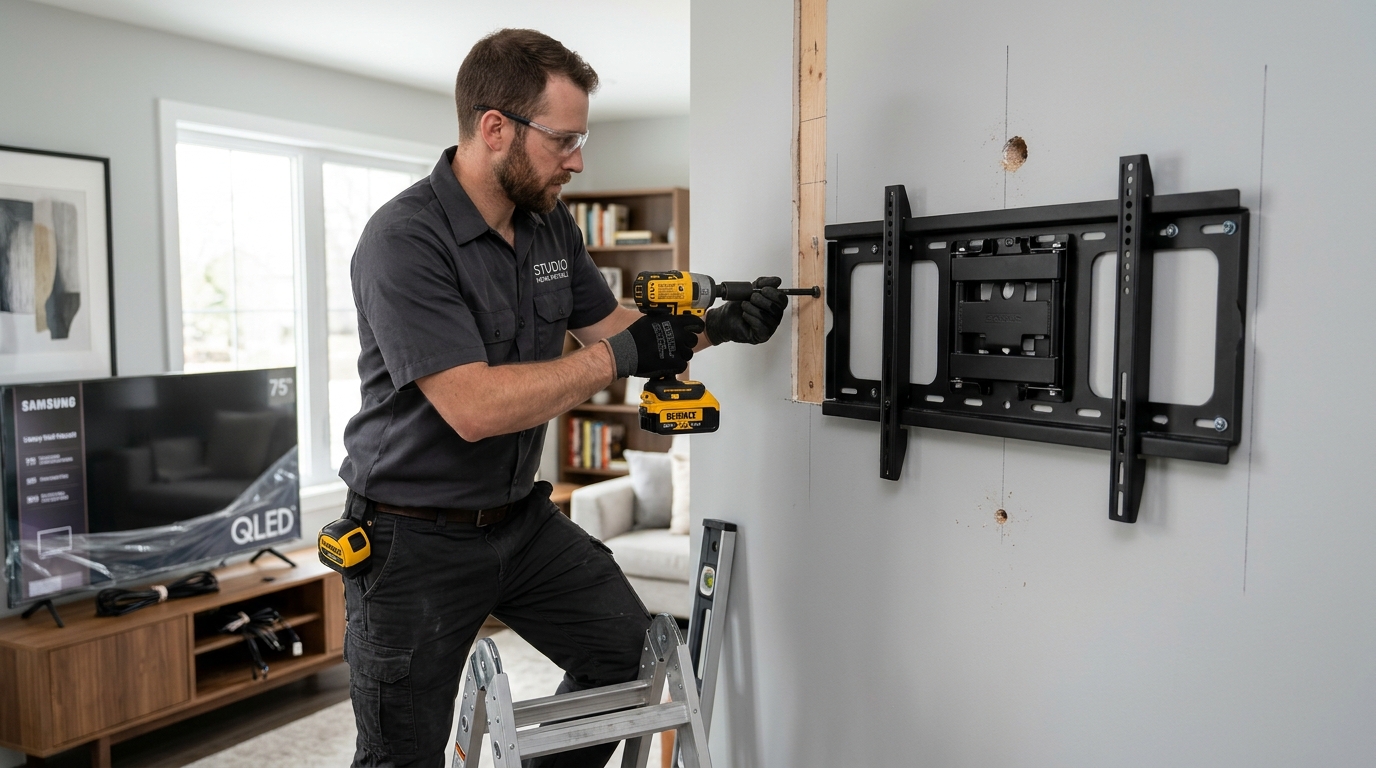 Carpenter driving heavy hex lag bolt into wall stud to mount heavy TV bracket